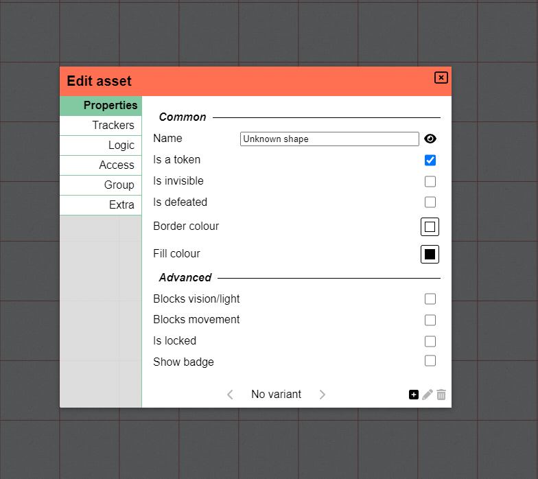 Asset property dialog