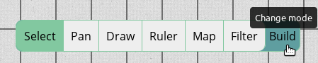 Example of a toolbar of a GM in Build mode with the Select tool active and the mode ready to be changed into Play mode, while the filter tool can be used, but not the vision tool.